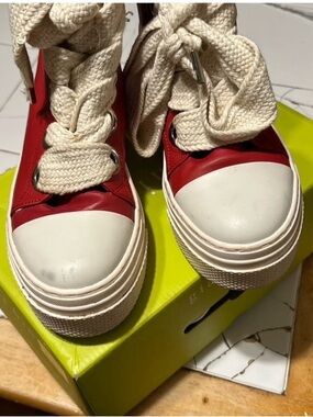 Red and White High-Top Platform Sneakers